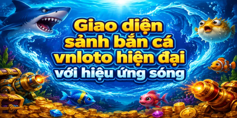 Giao diện sảnh bắn cá vnloto hiện đại với hiệu ứng sóng biển và các loài sinh vật đa dạng