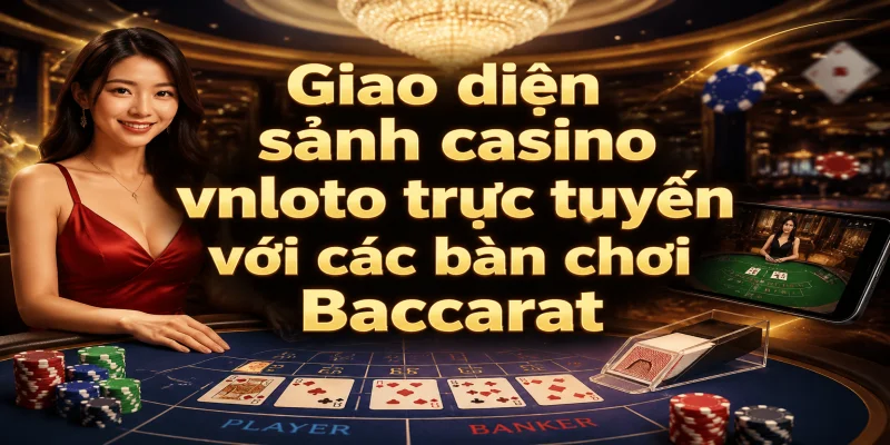 Giao diện sảnh casino vnloto trực tuyến với các bàn chơi Baccarat và Dealer chia bài chuyên nghiệp.